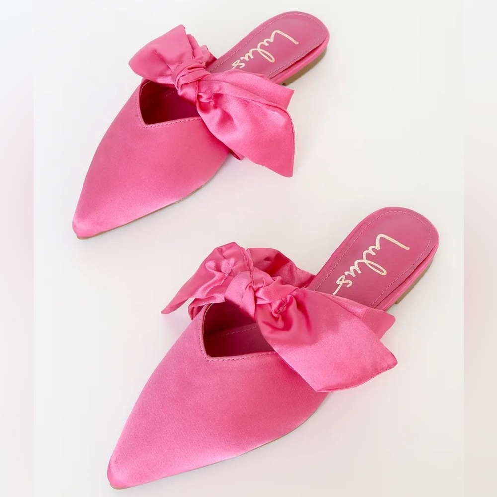 Lulus Sylviee Pink Satin Pointed-Toe Bow Mules NEW IN BOX Size 7